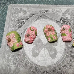 10Pcs Handmade Manicure Short Coffin Fake Nails Flower Limite Nails Press On Nails Design with Adhesive Nail File Set
