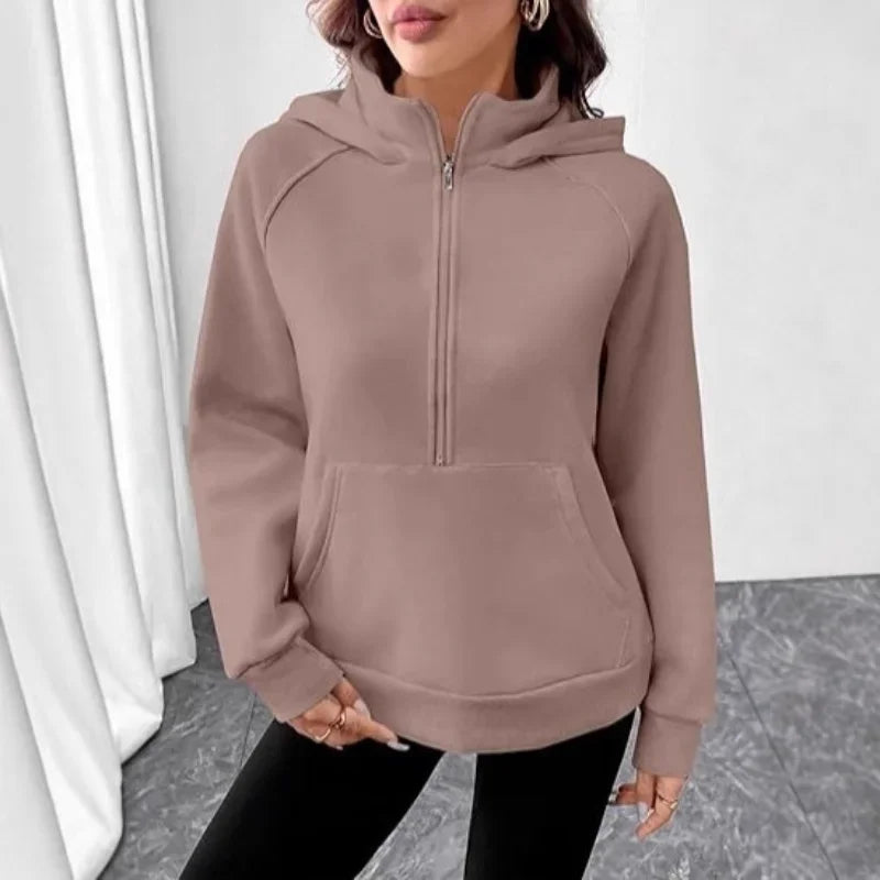Ingvn - Womens European Style Hoodie Autumn Winter New Style Stand Collar Hooded Design French Sweatshirt Fashion Versatile Top