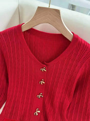 Ingvn - Women V‑Neck Knit Cardigan Bow‑Shaped Metal Buttons Peplum Hem Long‑Sleeve Slim‑Fit Cable Knit Sweater With Pockets