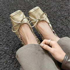 Ingvn - Ballet Style Fashion Square Toe Bowknot Stretch Women Pumps Cozy Soft Sole Leather Low Heeled Lazy Walking Loafers Casual Shoes