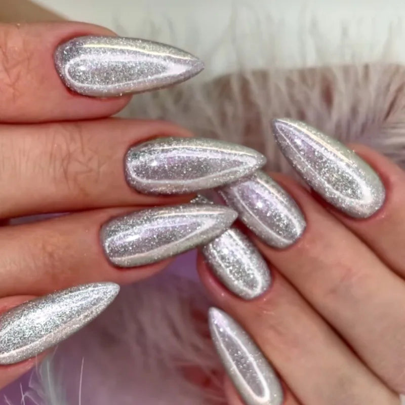 Ingvn  24Pcs Simple Solid Color White Press on Nails Long Style Almond False Silver Nails Fashion Cat's Eye Design Stiletto Nail Tips