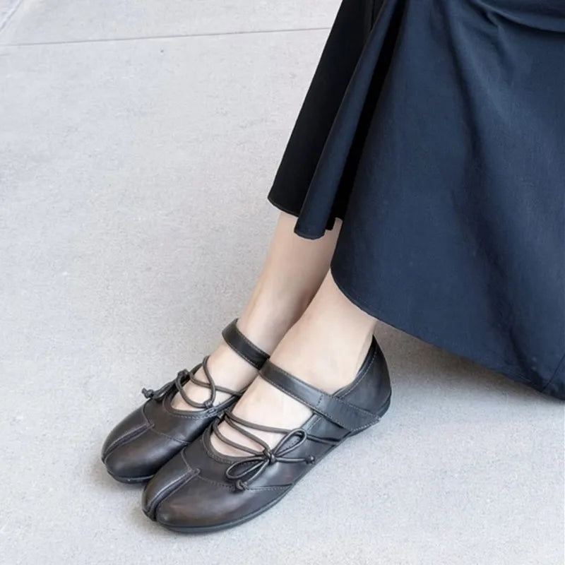 Ingvn - Street Style Fashion Split Toe Bowknot Lace-up Women Ballet Flats Comfortable Soft Soles Mary Janes Loafers Casual Shoes