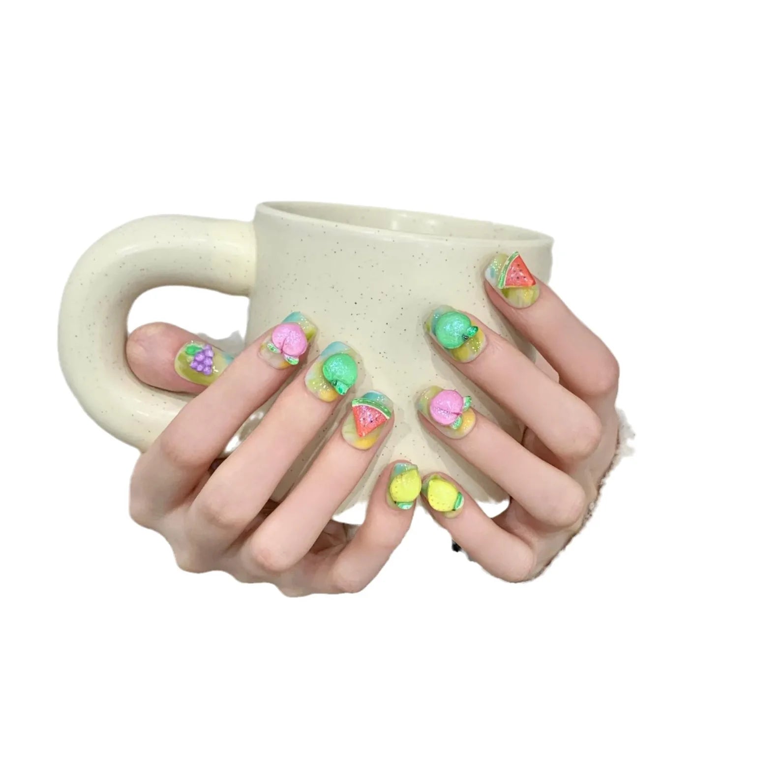 10PCS Summer 3D Fruit Grape False Nails Cute Short Square Cartoon Decor Handmade Gradient Y2K Fake Nails Set Press On Ballet Tip