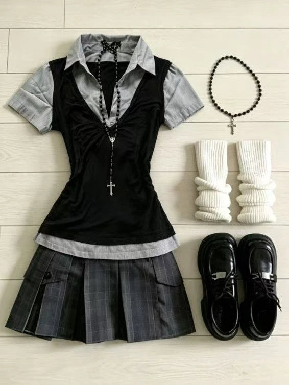 Ingvn  Retro Sweet Two Piece Set Women Plaid Short Sleeve Shirt High Waist Pleated Skirt Y2K Harajuku Hot Girl Summer