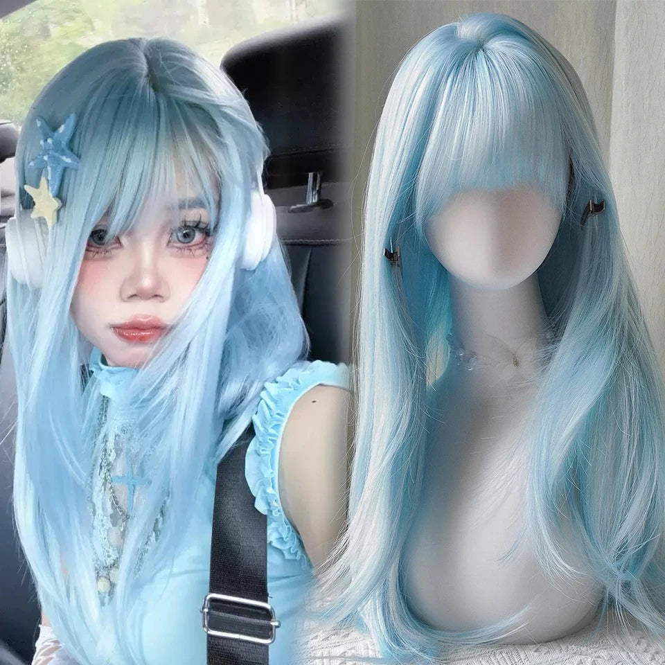 Ingvn - Long Wigs With Bangs Synthetic Natural Straight Layered Fake Hair Party Fluffy Lolita Cosplay Brown Wigs For Women Daily Use