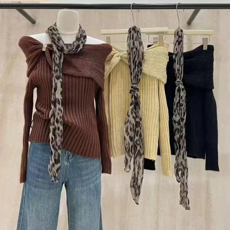 Ingvn - New Fashion Sexy Off Shoulder Jumper Knitted Pullovers Sweater with Scarf Autumn Winter Long Sleeve Women Sweaters Slim Chi Tops