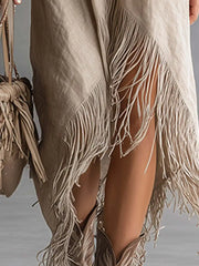 Ingvn - Elegant Loose Tassel Trim Dress Irregular Hemline Vintage Style Women's Fashion Autumn Casual Vacation Dress