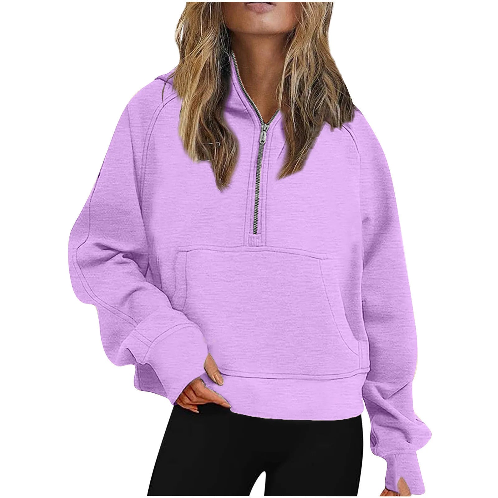 Ingvn - Autumn Winter New Arrival Womens Sports Half Zip Loose Solid Color Versatile Cropped Hooded Fleece Casual Pullover Sweatshirt