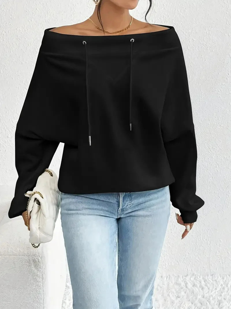 Ingvn - Women's Royal Blue Off-the-shoulder Boat Neck Sweatshirt Long Sleeve Drawstring Design Casual Fashion Loose Pullover