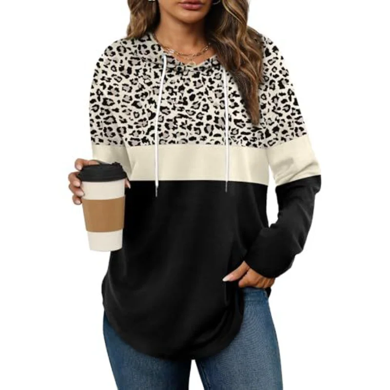 Ingvn - Women's Spring Autumn New Hooded Sweatshirt Leopard Print Plaid Stripe Print Trendy Versatile Fashion Casual Pullover Top