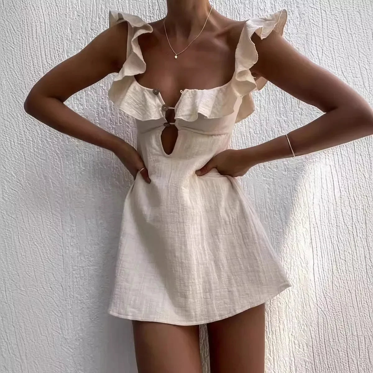 Ingvn  Holiday Retro Mini Beach Dress for Women Summer  New Fashion Sexy Ruffled Strap Dress Women Hollow Out Short Dress Vestidos