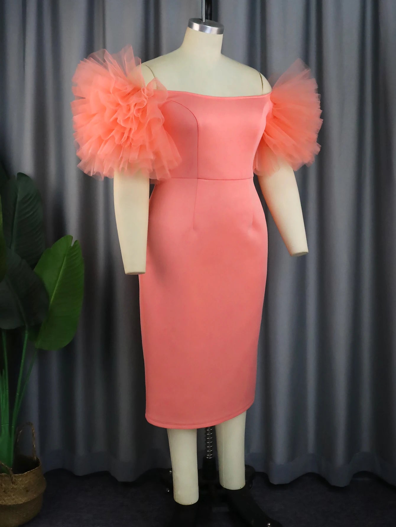 Ingvn  Pink Party Dresses Cold Shoulder Tulle Applique Bodycon High Waist Midi Outfits for Women Evening Wedding Event Gowns