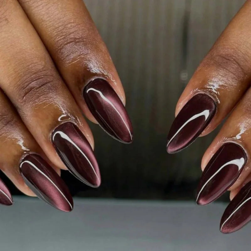 Ingvn  24Pcs Simple Solid Color White Press on Nails Long Style Almond False Silver Nails Fashion Cat's Eye Design Stiletto Nail Tips