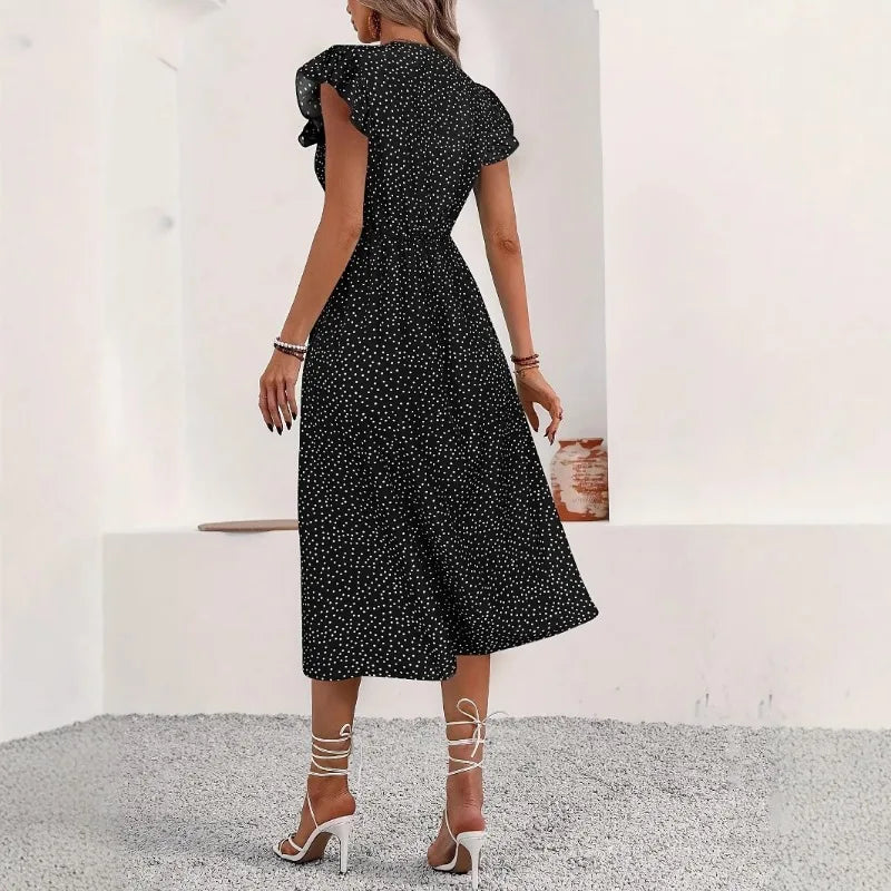 Ingvn  Women's Polka Dot Midi Dress - Deep V Neck Puff Sleeve Split Casual Dress