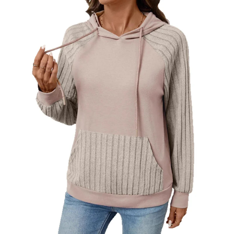 Ingvn - Women Early Autumn New Style Pocket Pullover Hooded Patchwork Thin Hoodie Casual Versatile Pullover Long Sleeve Top