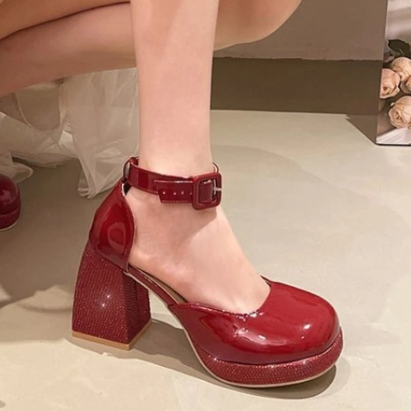 Ingvn  Plus size women's shoes new sexy round toe shallow mouth one-word buckle diamond thick heel shoes