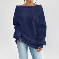 Ingvn - Women's Royal Blue Off-the-shoulder Boat Neck Sweatshirt Long Sleeve Drawstring Design Casual Fashion Loose Pullover