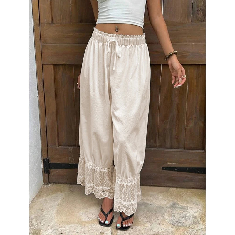 Ingvn  Women Mesh See-through Floral Lace Patchwork Ruffle Hem Bloomer Pants Loose Drawstring Elastic Waist Cropped Trousers