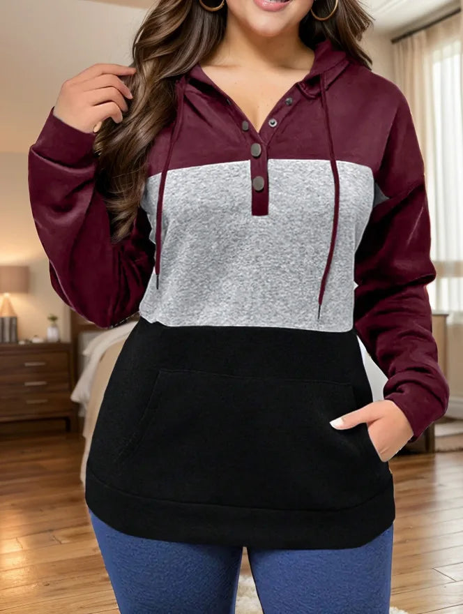 Ingvn - Autumn Winter New Arrival Color Block Splicing Kangaroo Pocket Hoodie Drawstring Versatile Loose Pullover Sweatshirt Women