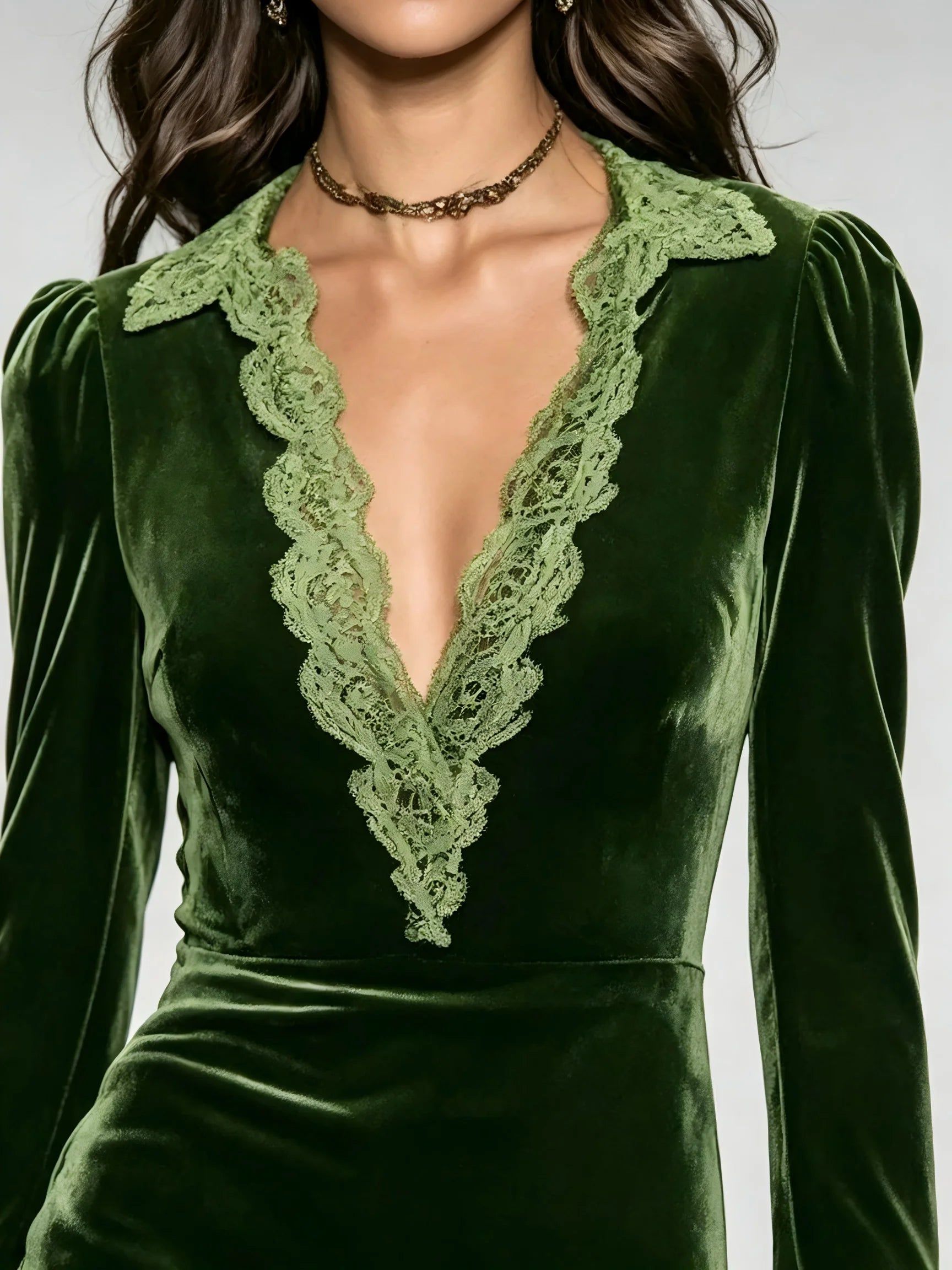 Ingvn - Autumn Winter Velvet Dress for Women Solid Long Sleeves V Neck Lace Trim Maxi Dress Elegant Mermaid Skirt Party Evening Dresses