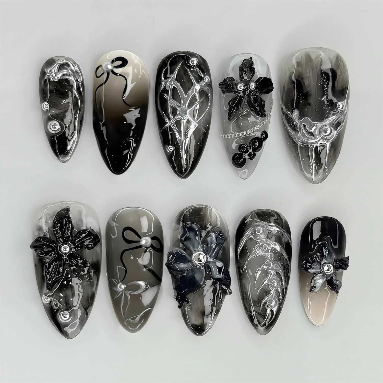 Ingvn  24Pcs Gothic Dark Red Press on False Nails Y2k Reusable Almond Nails Set with Silver Ripples Pattern Cool Fake Finger Nail Tip