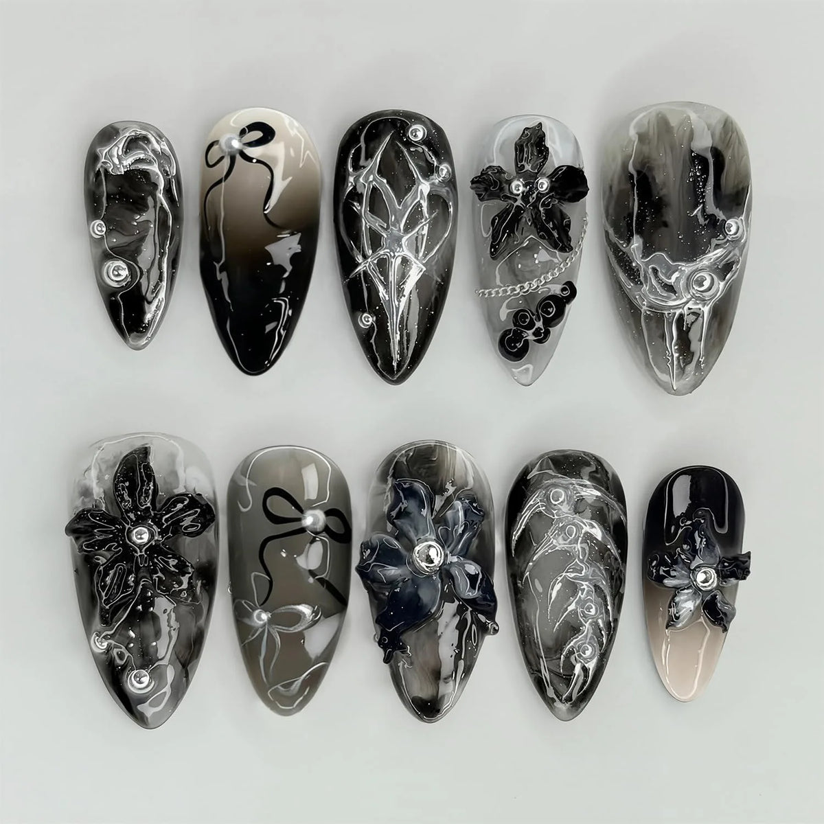 Ingvn  24Pcs Gothic Dark Red Press on False Nails Y2k Reusable Almond Nails Set with Silver Ripples Pattern Cool Fake Finger Nail Tip