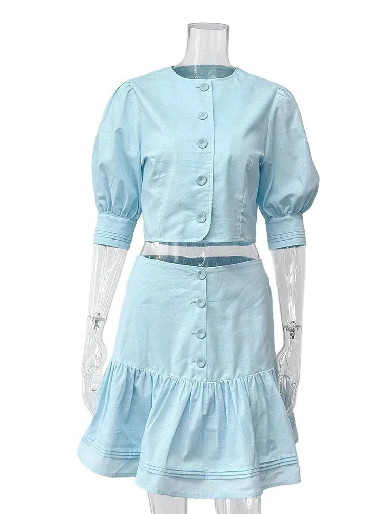 Ingvn  Cotton Linen Short Jacket And Skirt Set Sweet Style Bubble Sleeve Clothing Women's Fashion Spring Summer Casual Wear