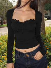 Ingvn - New Fashion Lace Splice Square Collar Long Sleeve Women T-shirts Spring Autumn Slim Chic Sexy Tops Office Lady Solid Color Tees