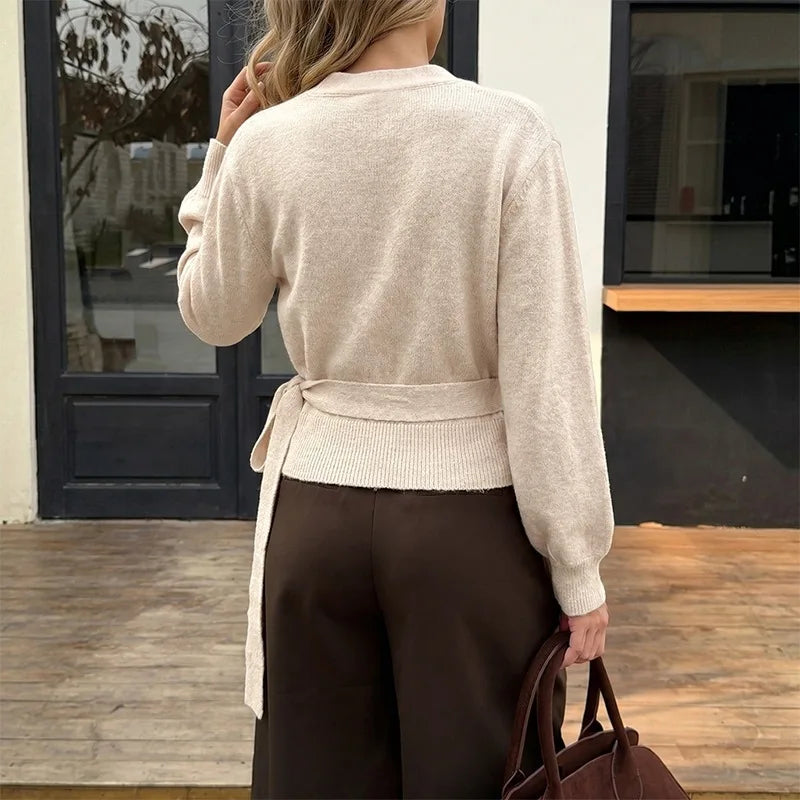 Ingvn - Women Wrap V Neck Knit Sweater Solid Color Tie Side Long Sleeve Lantern Sleeve  Pullover