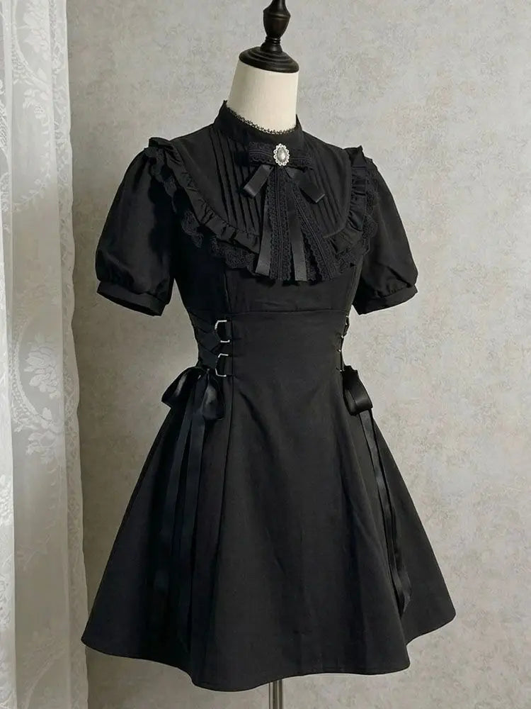 Ingvn  Japanese Style Gothic Black Mini Dress Harajuku Y2k Short Sleeve Dress Party Casual Korean Fahsion Slim Dress Woman