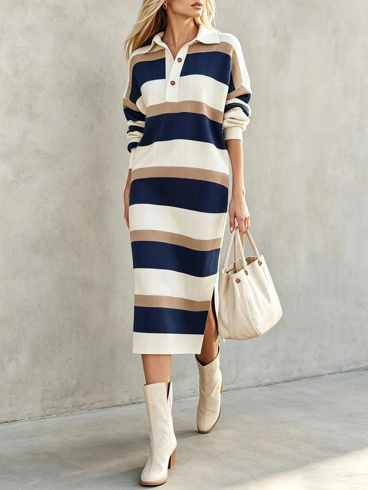 Ingvn - Women's Striped Knit Midi Dress Polo Collar Long Sleeve Button Color Block Loose Casual Autumn Winter Ladies Sweater Dresses