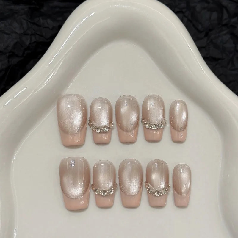 Ingvn  10pcs Handmade Fake Nails with Tools Simple False Nails Short Realistic Stick-on Nails Artificial Press on Nail Removable