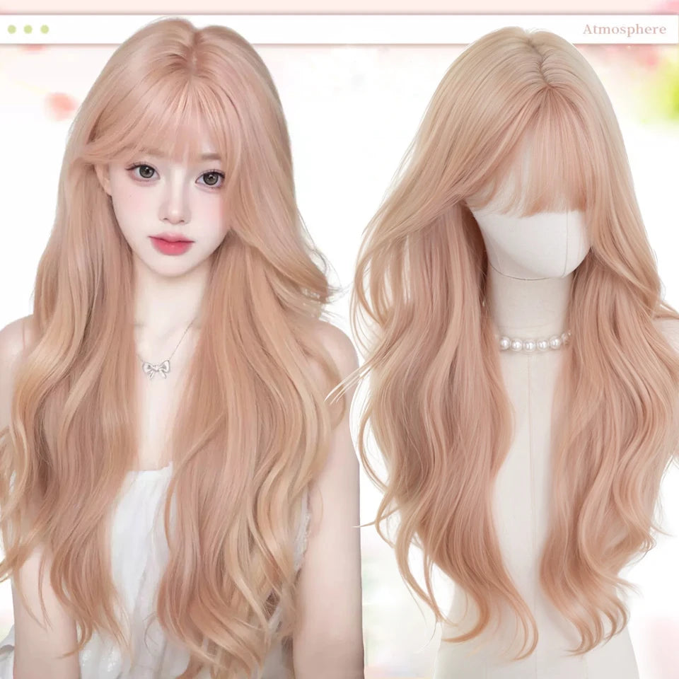 Ingvn  Long Wavy Brown Wig with Middle Part Bangs Synthetic Natural Cosplay Cute Wig Halloween Costume Lolita Wig for Women