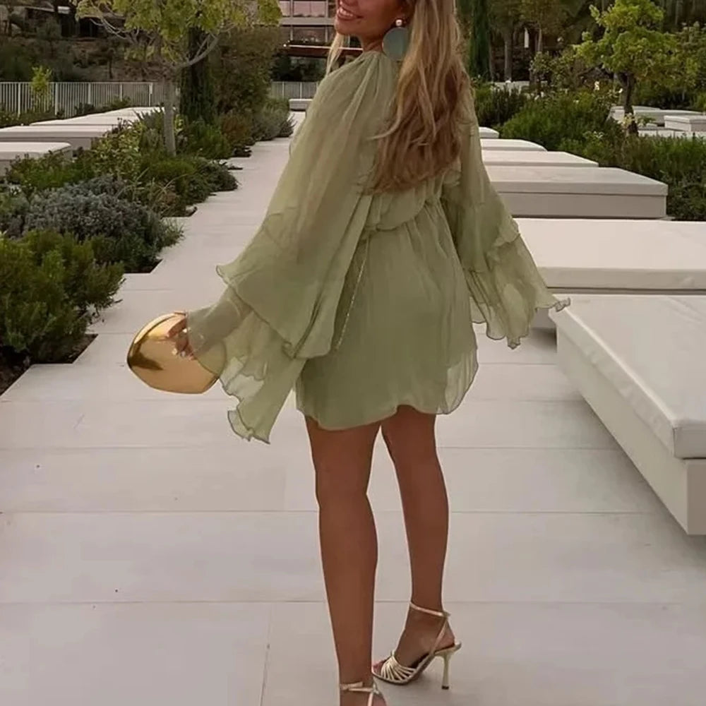 Ingvn  Solid Minimalist Mini Dresses For Women Round Neck Long Sleeve High Waist Elegant Dress Female Fashion New Style