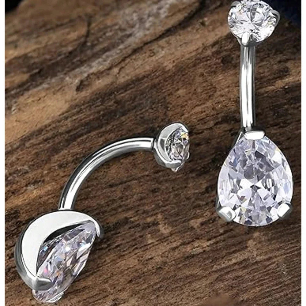 Ingvn  14G 10mm Stainless Steel Belly Button Rings, Round Droplet Cubic Zirconia Belly Rings, Belly Barbell Piercing Navel Piercings