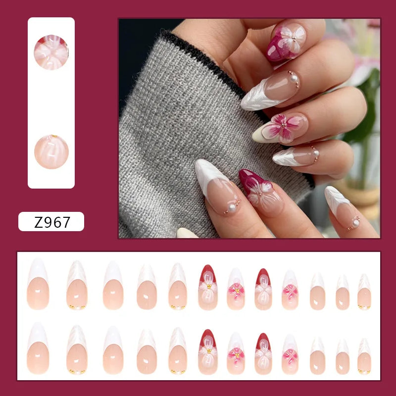 Ingvn  24pcs Cheap press on Nails White Sweet False Nails for Girls 3d Flower Almond Self-adhesive Fake Nail with Glue Glued Nails
