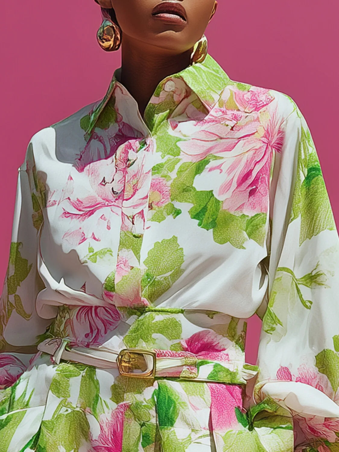 Ingvn  Fashion Women Flower Print Two Piece Set Elegant Long Sleeve Lapel Button Shirts+Loose Wide Leg Pants Sets Casual Holiday Suit