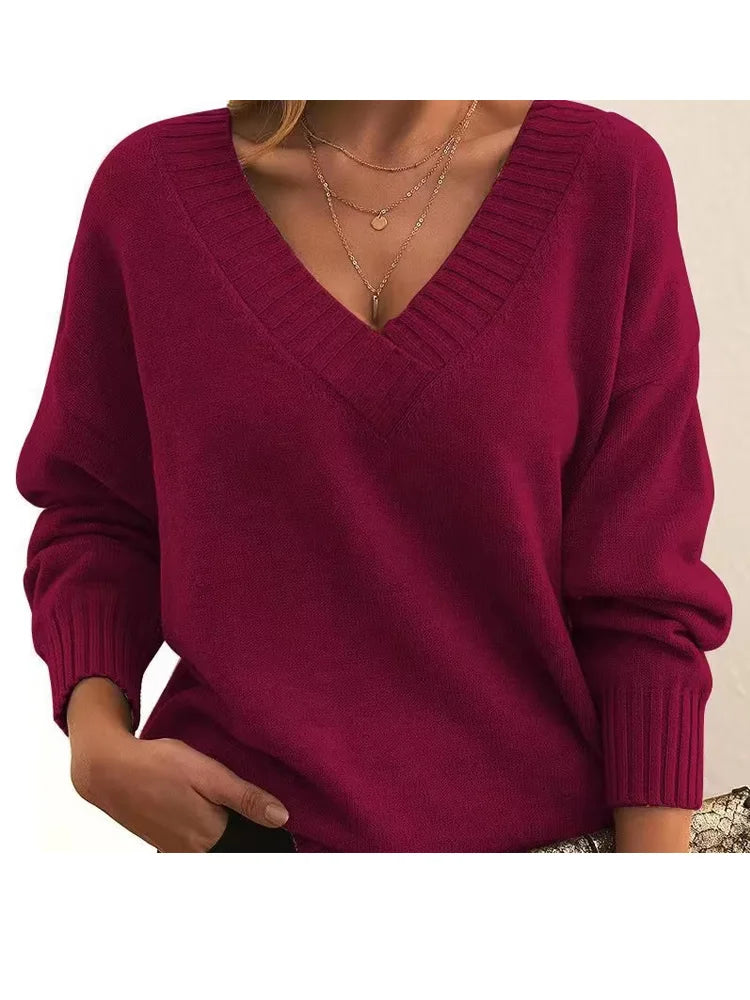 Ingvn - New Long Sleeve Plus Size Pullovers Knitted Sweater Women Casual Loose Red Sweaters V Neck Autumn Winter Clothes Bottoming Tops