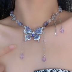 Ingvn  Purple Necklace for Women Crystal Butterfly Tassels Fashion Punk Style Jewelry Sweet Vintage Collares Para Mujer