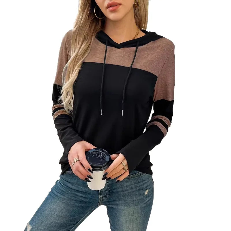 Ingvn - European And American Spring Autumn New Style Casual Hooded Sweatshirt For Women Fashionable Color Block Patchwork Pullover Top