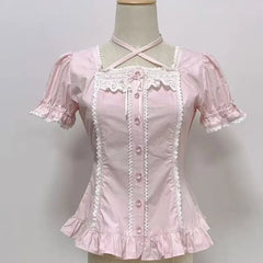 Ingvn  Japanese Harajuku Sweet Lolita Short Sleeve Blouse Women Y2K Lace Bow Subcultural Cute Daily Streetwear Outfit