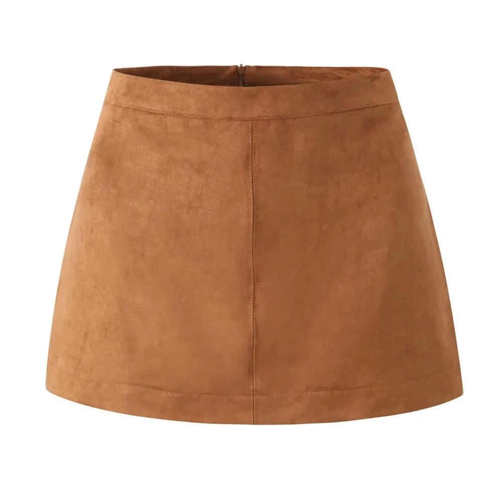 Ingvn  Autumn Winter High Waist Suede Faux Leather Mini Skirt Women Back Zipper A-line Short Skater Party Femme Camel Black