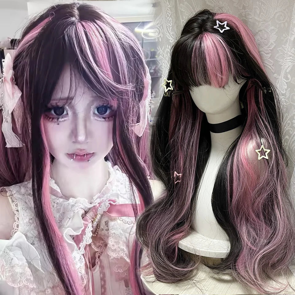 Ingvn  Long Black Highlight Pink Wig Synthetic Wavy Curly Lolita Wig Natural Cosplay Party Wig Daily Wear Halloween Costume Wig