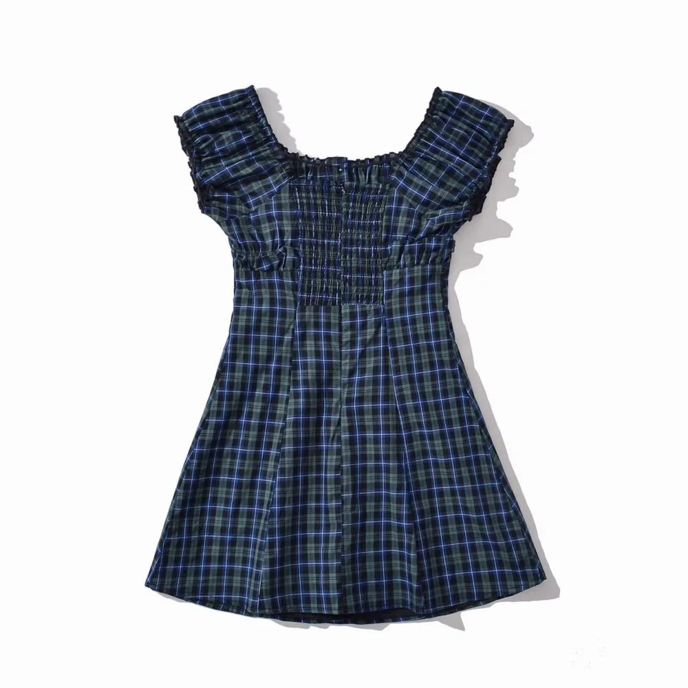Ingvn  Contrast Color Plaid Open Buttons Slash Shoulder Mini Dress Women Short Sleeve Slim Waist Dresses Holiday Robe Femme