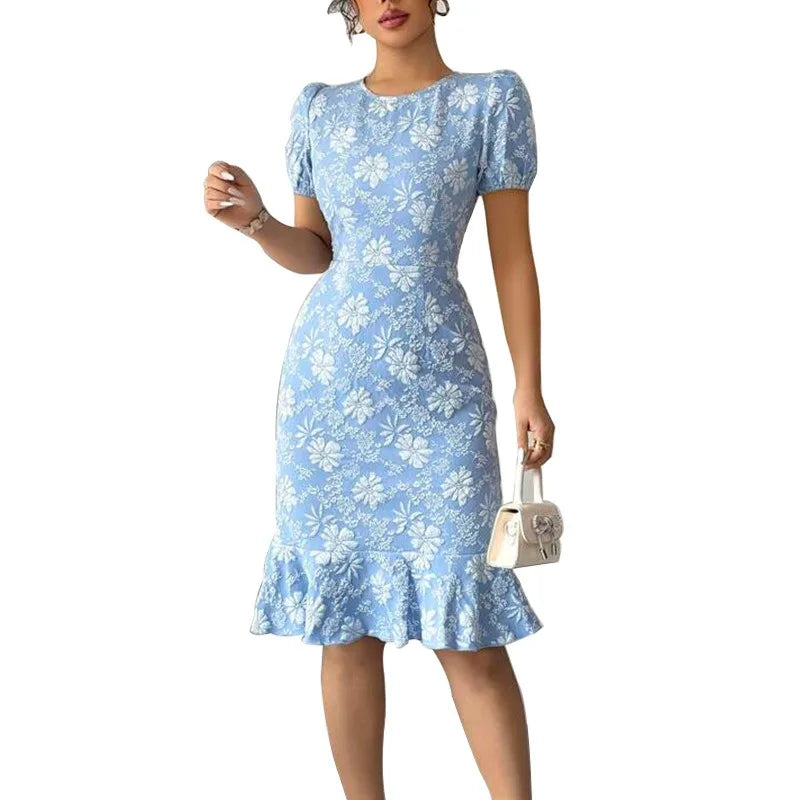 Ingvn  Women's Floral Jacquard Midi Dress Puff Sleeve Ruffle Hem Bodycon Dress