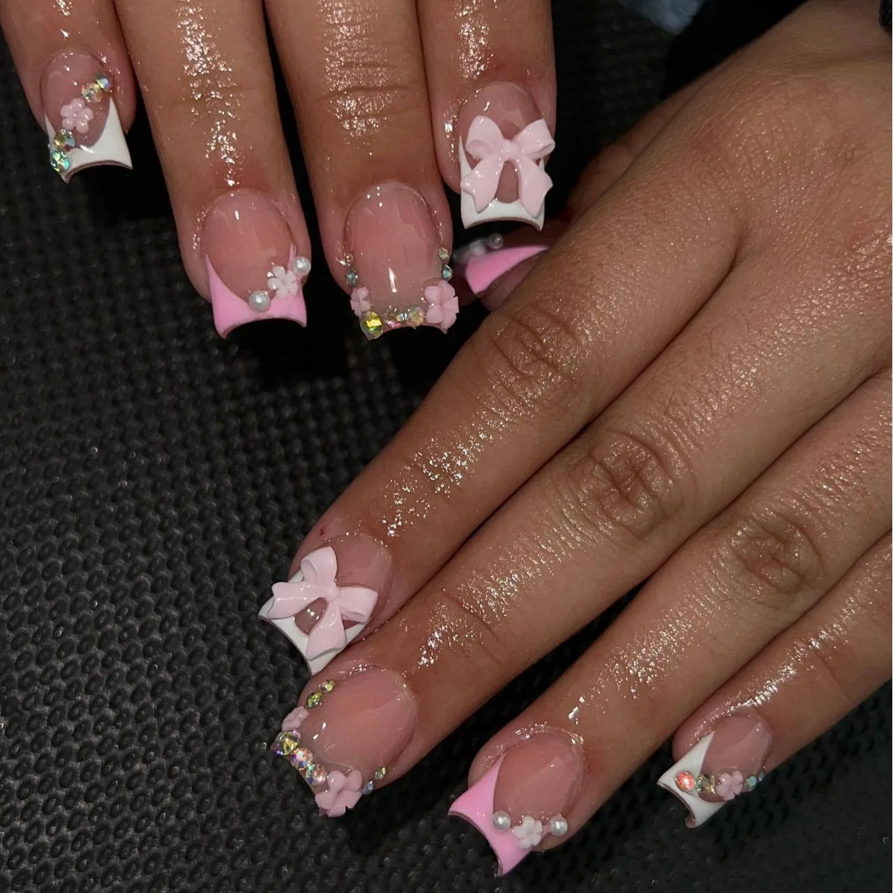 Ingvn  24pcs Short Square Acrylic Press on Nails with Design Zebra French Tip Duck Set of False Nails with Tools Realistic Wear Nail