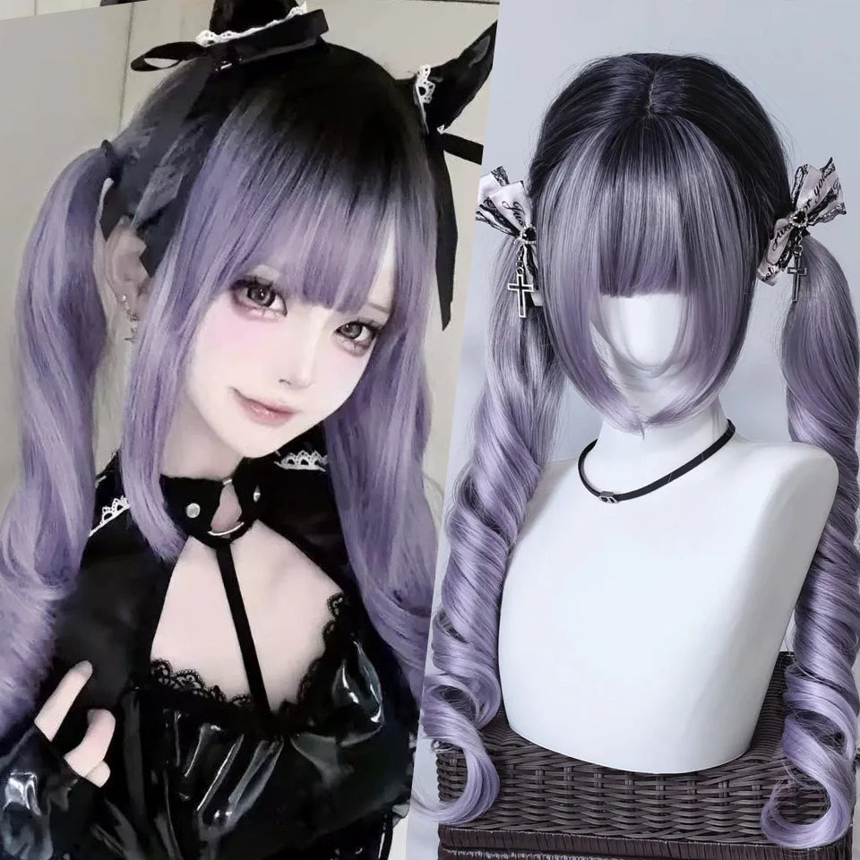 Ingvn - Long Wavy Black Highlight Pink Wig with Bangs Synthetic Diy Cosplay Wig Daily Wear Natural Wig Halloween Costume Wig for Women