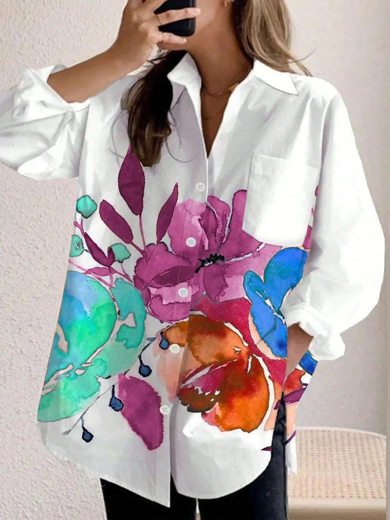 Ingvn  Plus Size Women's Fashion Spring   Autumn Floral Print Pocket Long Sleeved Casual Shirt Lapel Single Breasted Loose Blouse Shirt