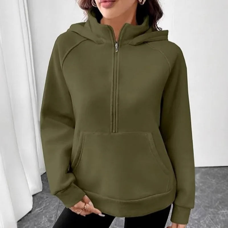 Ingvn - Womens European Style Hoodie Autumn Winter New Style Stand Collar Hooded Design French Sweatshirt Fashion Versatile Top