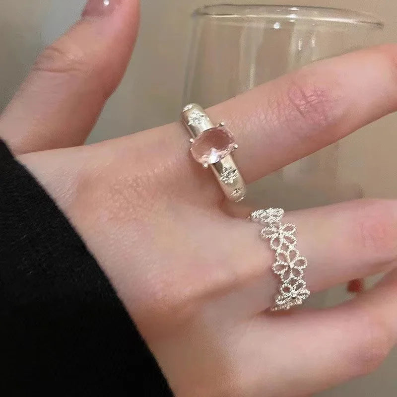 Ingvn  Fashion Trend Pink Crystal Bowknot Heart Rings Zircon Ring Y2K Shiny Zircon Rings for Women Girls Party Aesthetic Jewelry